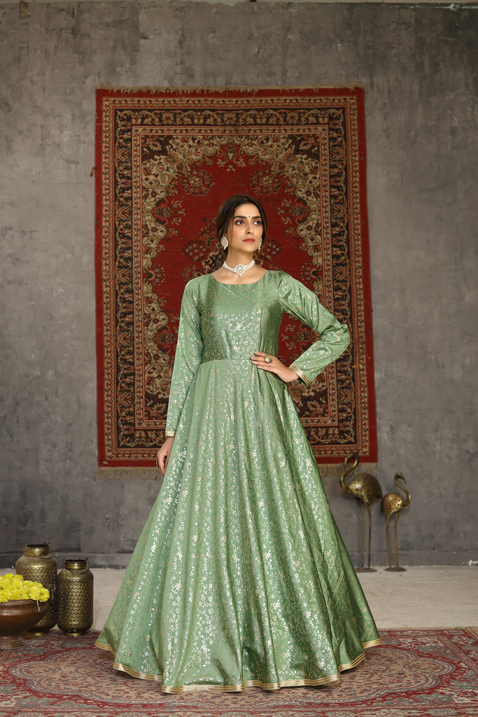 Foil Print Taffeta Silk Pistachio Green Eid Anarkali Suit