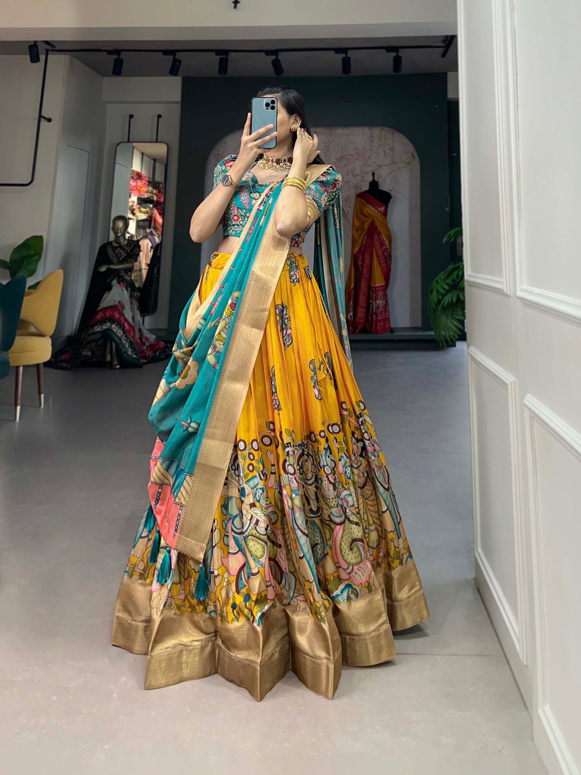 Enchanting Yellow Dola Silk Lehenga Choli with Kalamkari Print ClothsVilla
