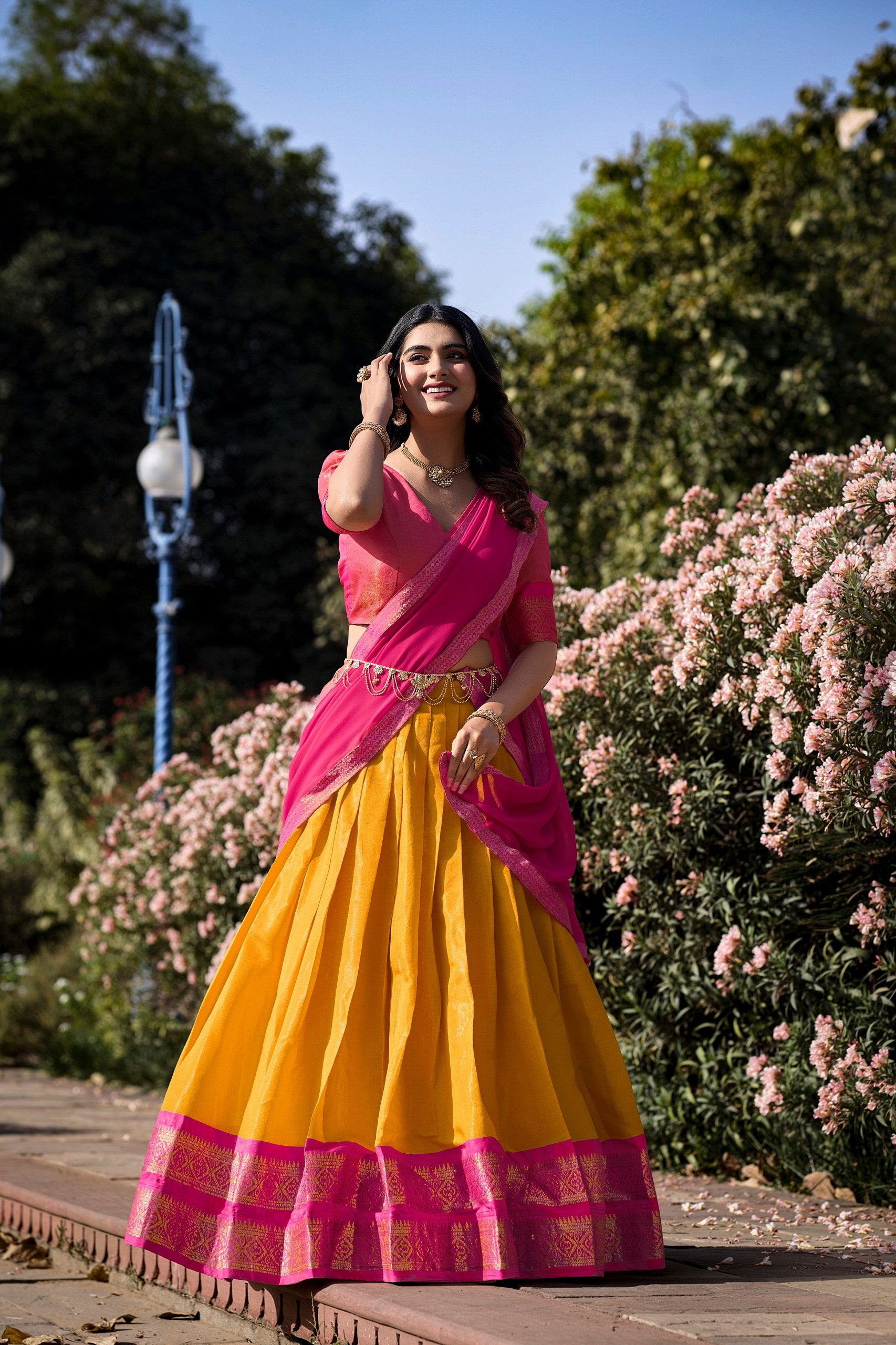 Mustard Breathtaking South-Indian Kanchipuram Silk Lehenga Choli Set with Zari Weaving ClothsVilla