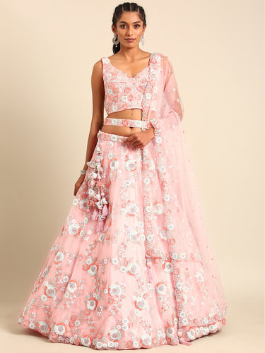 Embroidered Pink Lehenga Choli Set - Soft Net, Thread 