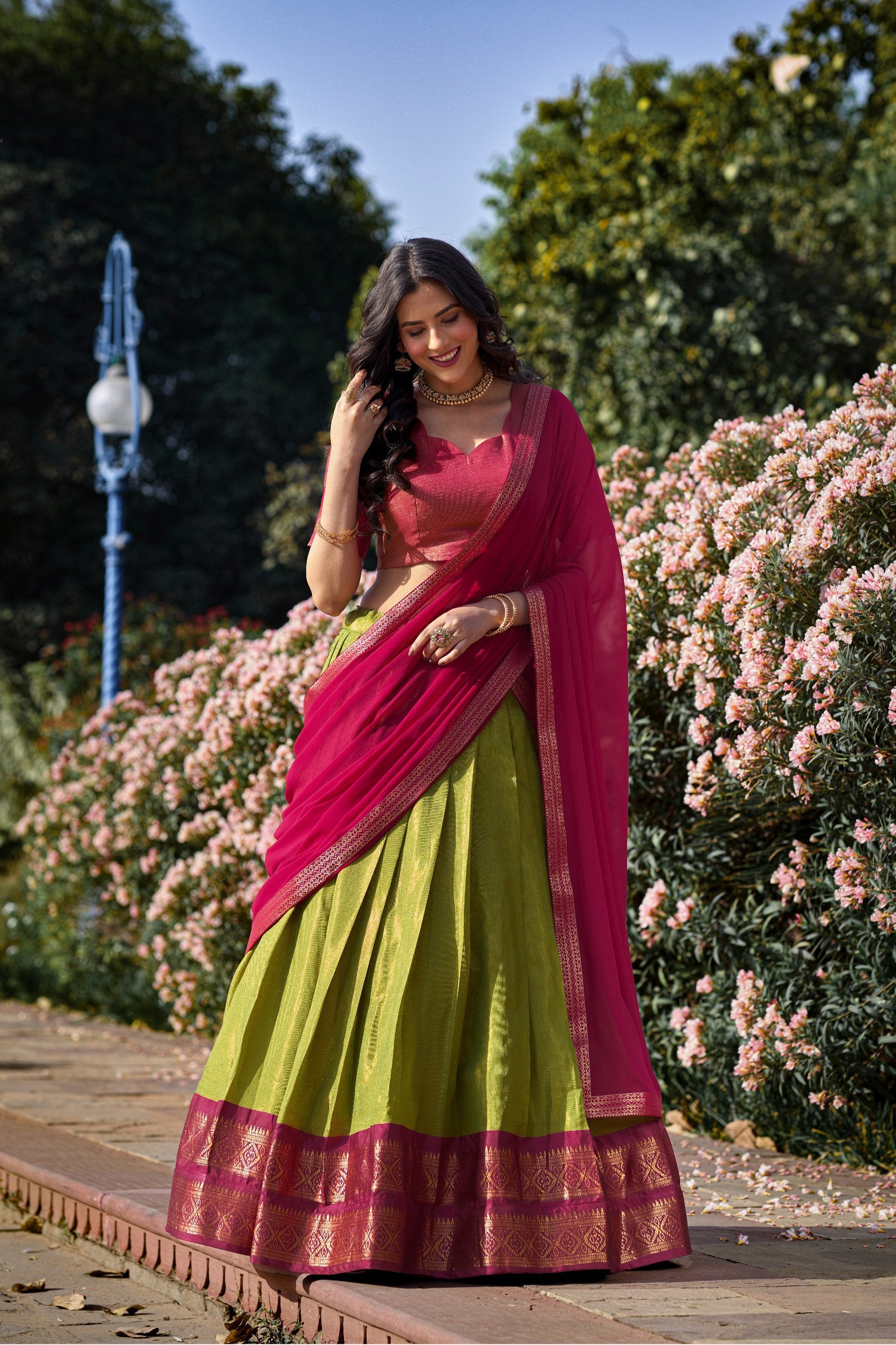 Pista Green Breathtaking South-Indian Kanchipuram Silk Lehenga Choli Set with Zari Weaving ClothsVilla