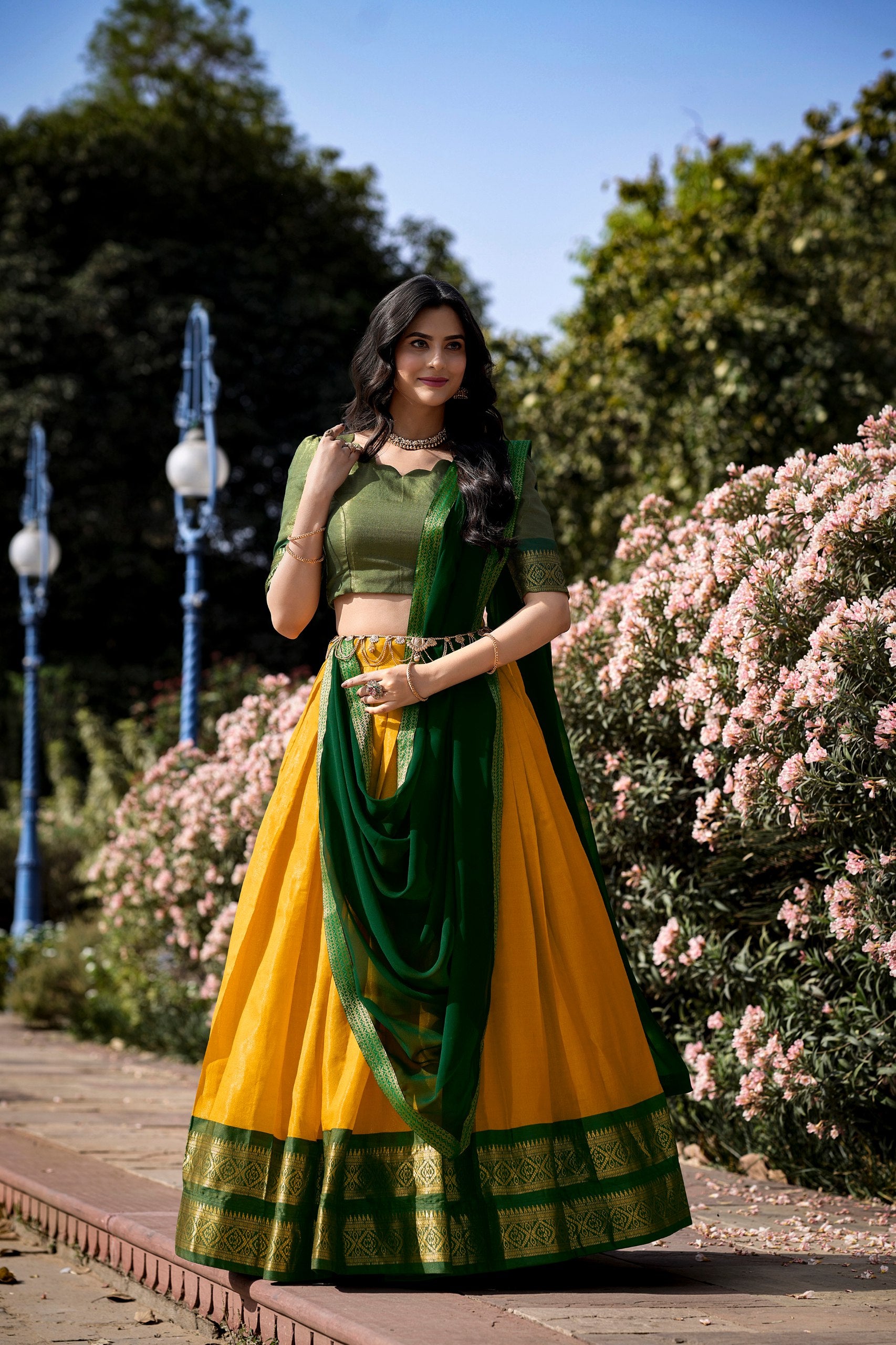 Yellow Breathtaking South-Indian Kanchipuram Silk Lehenga Choli Set with Zari Weaving ClothsVilla