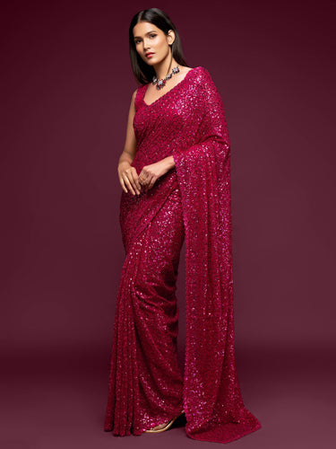 Pastel Pink Saree in Georgette Sequins Designer Embroidered