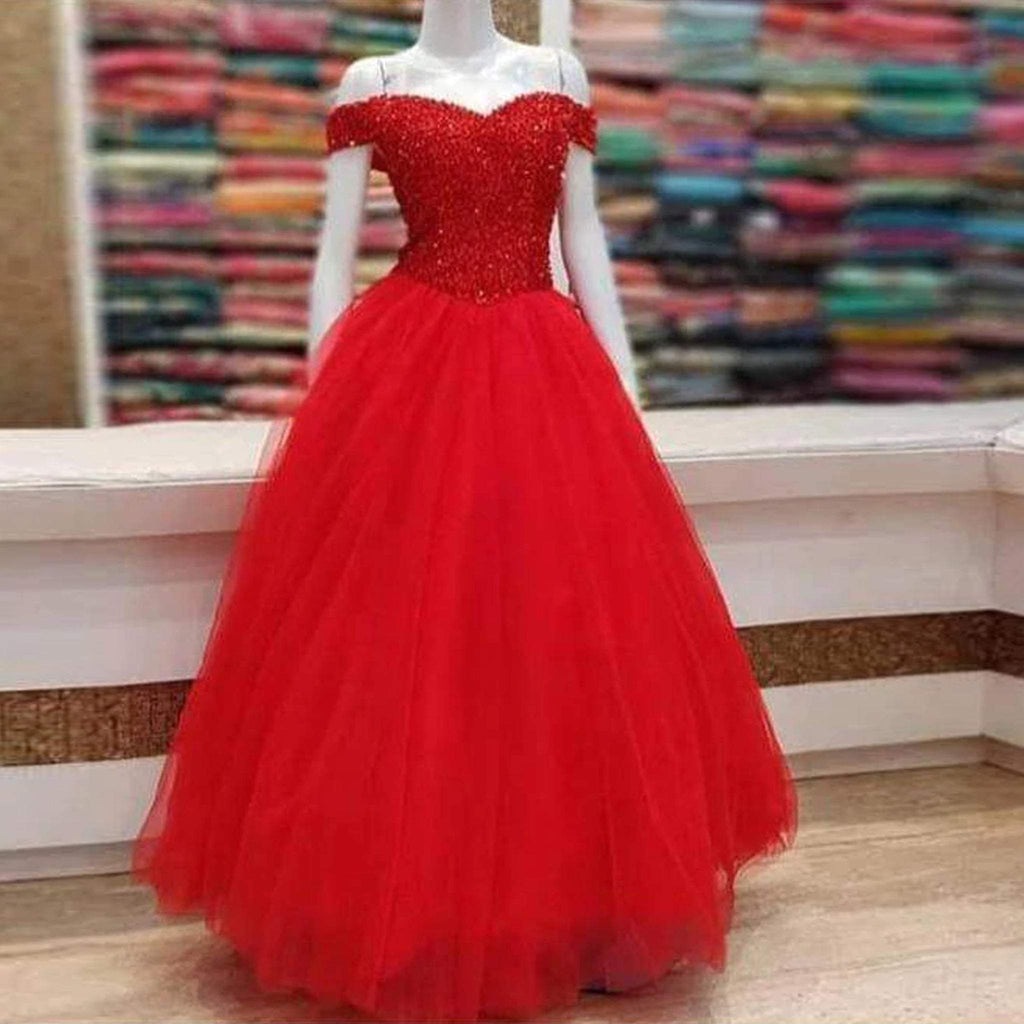 Red Gown in Soft Net with Sequence Work - Clothsvilla.com