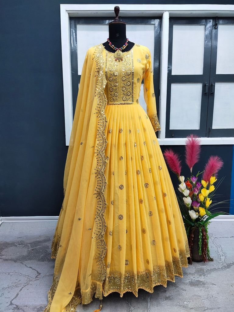 Designer Yellow Color Embroidery Work Gown