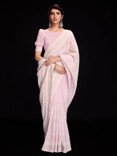 Pastel Pink Saree in Georgette Sequins Designer Embroidered