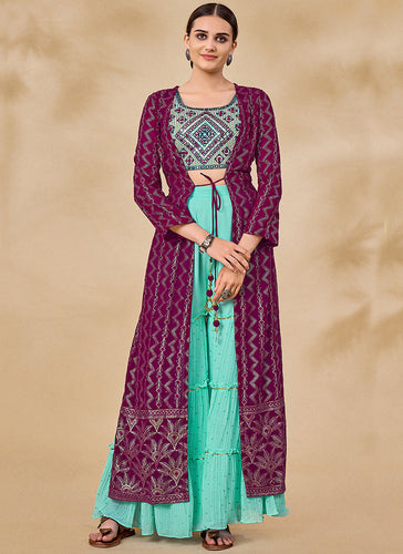 Stylish Pretty Purple Georgette V-Shape Palazzo Suit Set of