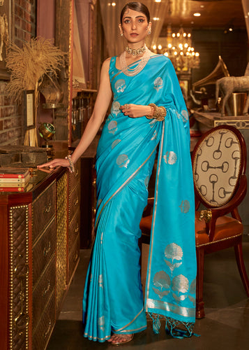 Banarasi Silk Saree Cream Color with Cyan Blue Pallu and blouse - IndieHaat  – Indiehaat.com