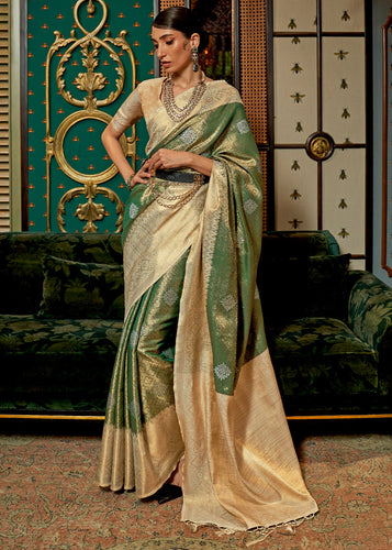 Dark Green Saree in Soft Silk Three Colored Zari