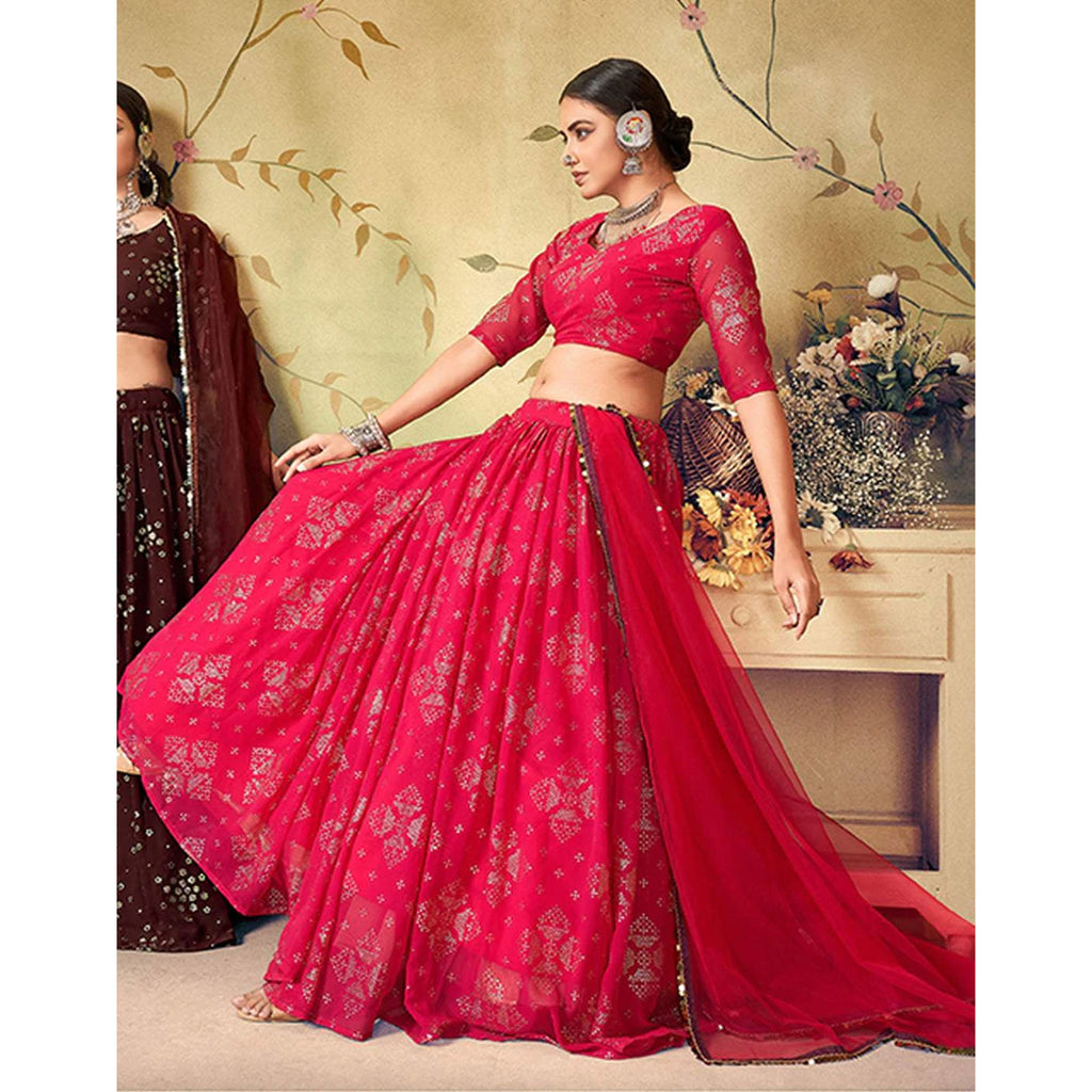 Red Ribbon Georgette Fabrics Lehenga choli