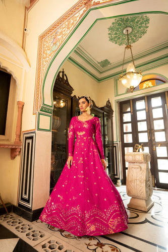 Buy Rani Pink Mirrorwork Georgette Designer Gown - Koskii