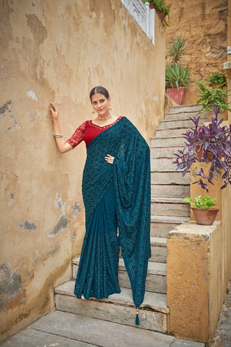 Party Wear Teal Blue Saree With Fancy Thread Sequence Belt 