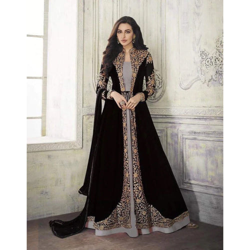 Printed Diwali Georgette Gown Dress in Black - GW0365
