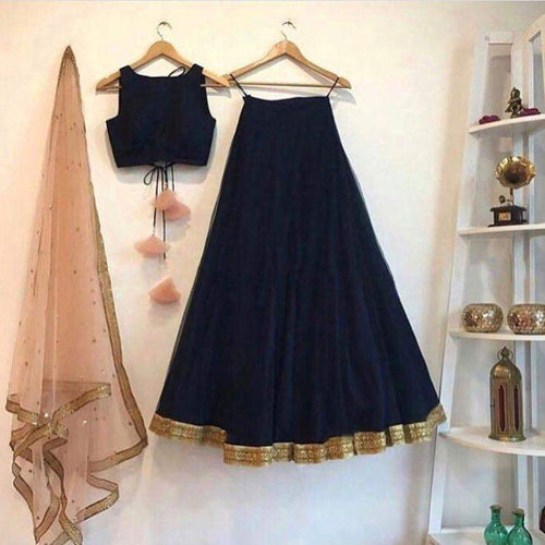 Lehenga Choli in Velvet and Net Sky-Blue Skirt and Black Top for Party
