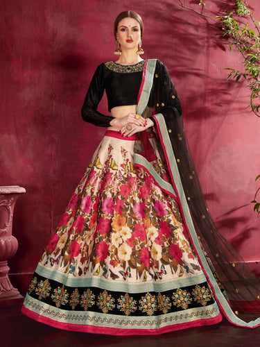 Mesmerizing Black Floral Print Organza Silk Wedding Lehenga