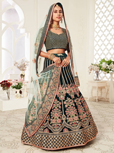 Bliss Bridal Collection - *Code-(503)* *💃 Lehenga choli 💃* Dusty dark  green Colour Dulhan Lehenga Choli, Wedding Lehenga Choli Dusty dark green  Colour Embroidered Attractive Party Wear Silk Lehenga choli has a