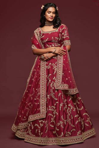 Online Sale Burgundy Maroon Bridal Lehenga Choli With Dori Work LLCV09732