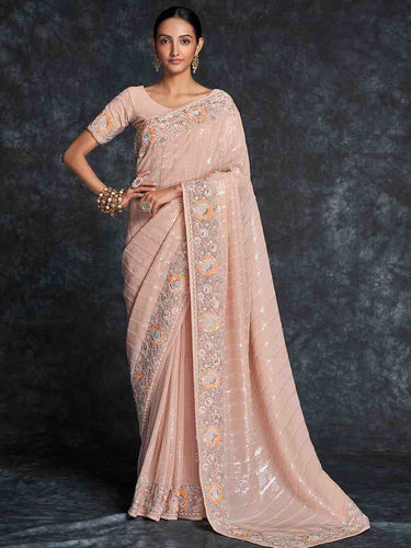 Peach and Black Bollywood Style Saree with Embroidery work