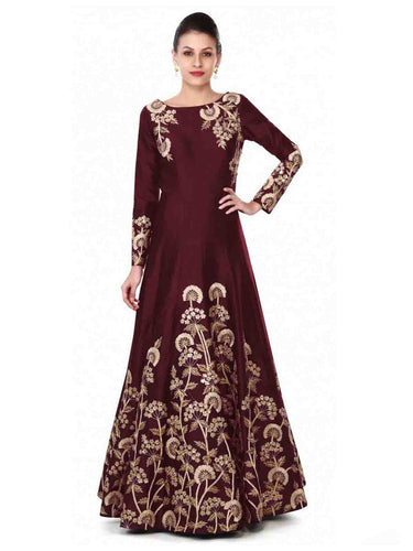 Decent Maroon Color Taffeta Silk Base Foil Print Base Partyw