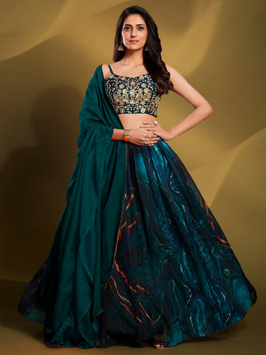 Shop Foil Printed Chinon Silk Teal Blue Semi Stitched Lehenga Party Wear  Online at Best Price | Cbazaar