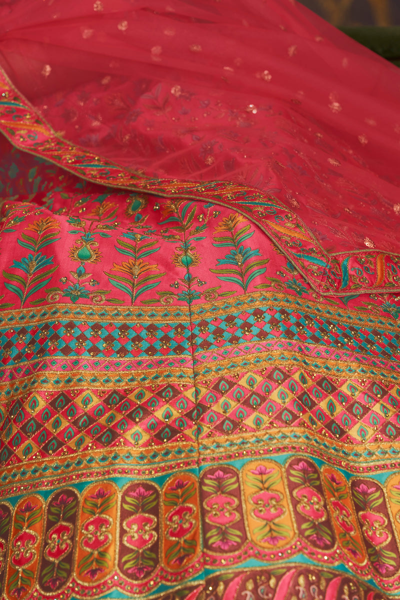 Art Silk Printed Pink Wedding Lehenga Choli With Dupatta