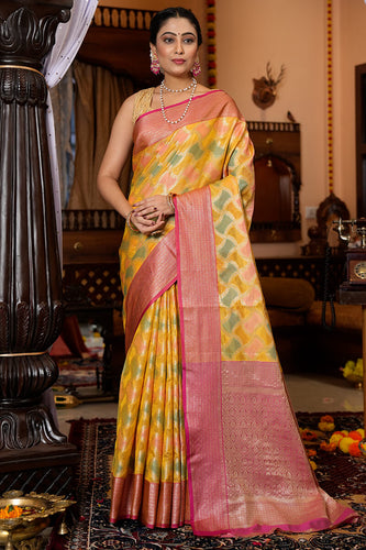 Orange Yellow Saree in Organza Leheriya - Clothsvilla