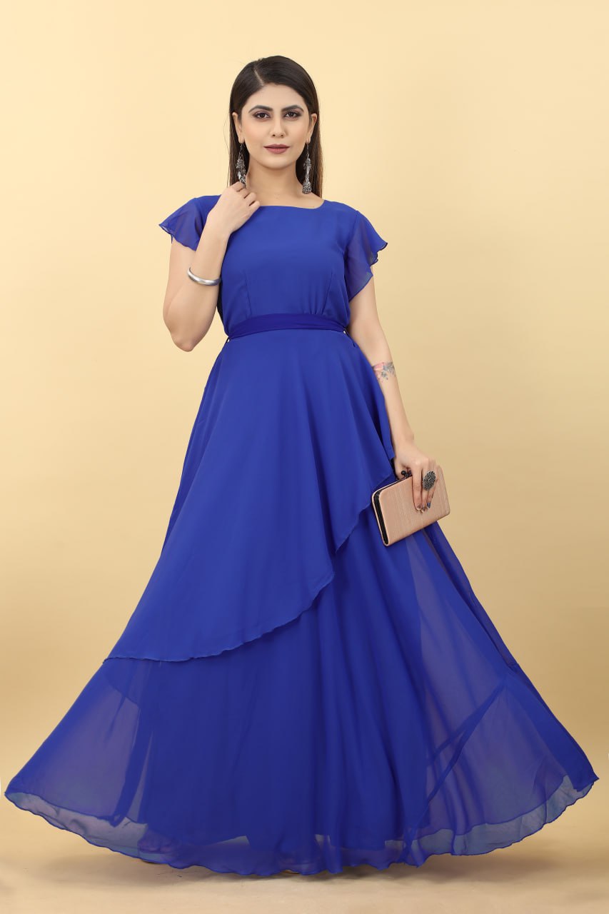 Designer Umbrella Sleeve Blue Color Georgette Gown