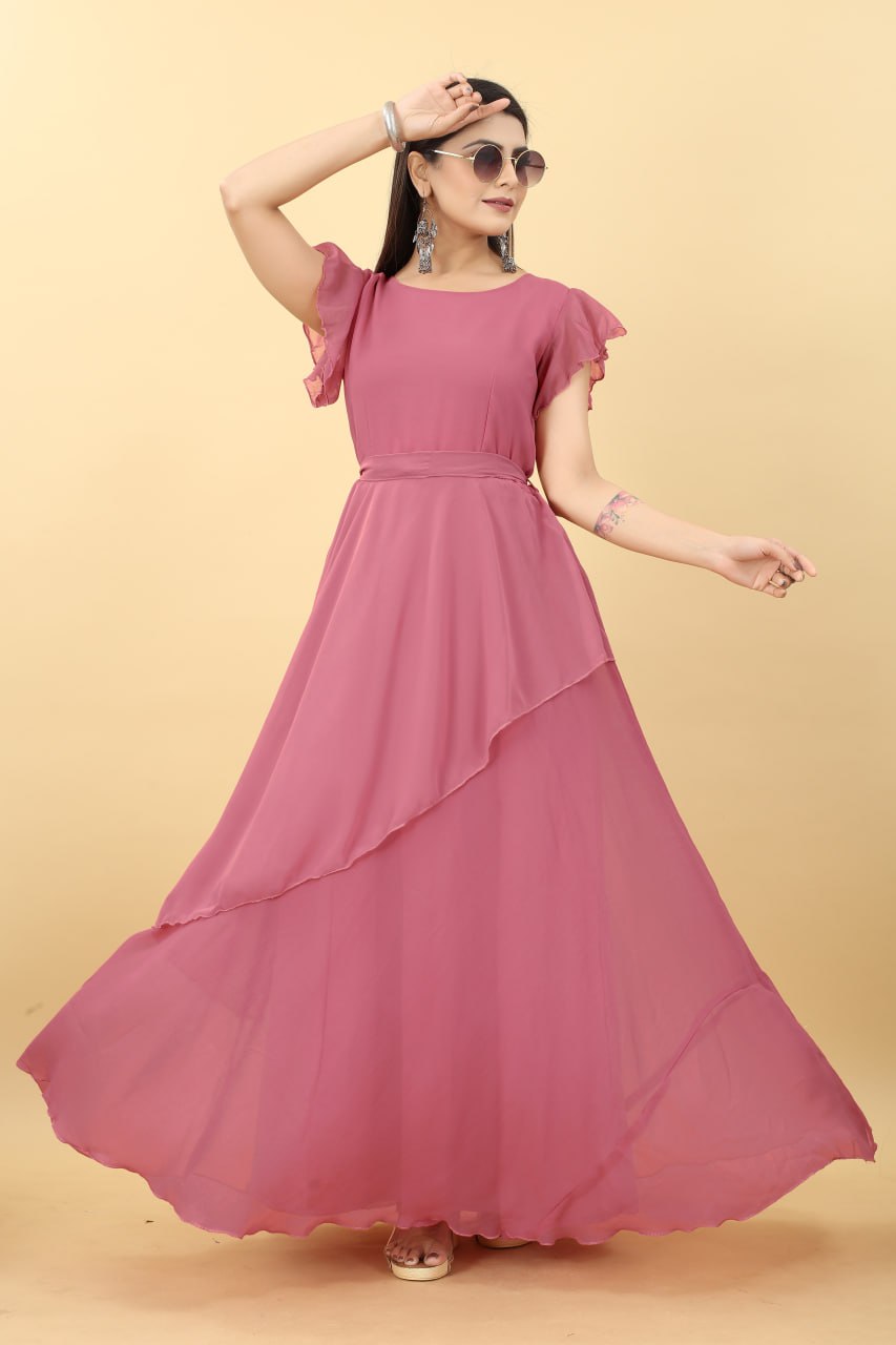 Designer Umbrella Sleeve Peach Color Georgette Gown