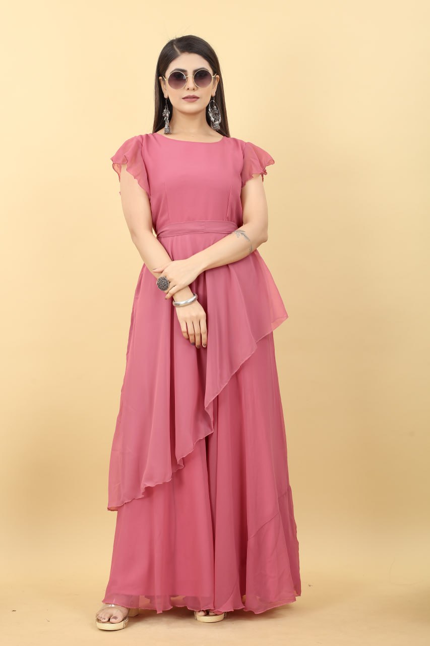 Designer Umbrella Sleeve Peach Color Georgette Gown