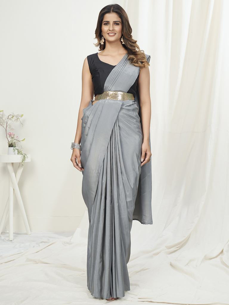 Dove Grey Ready to Wear One Minute Saree In Satin Silk