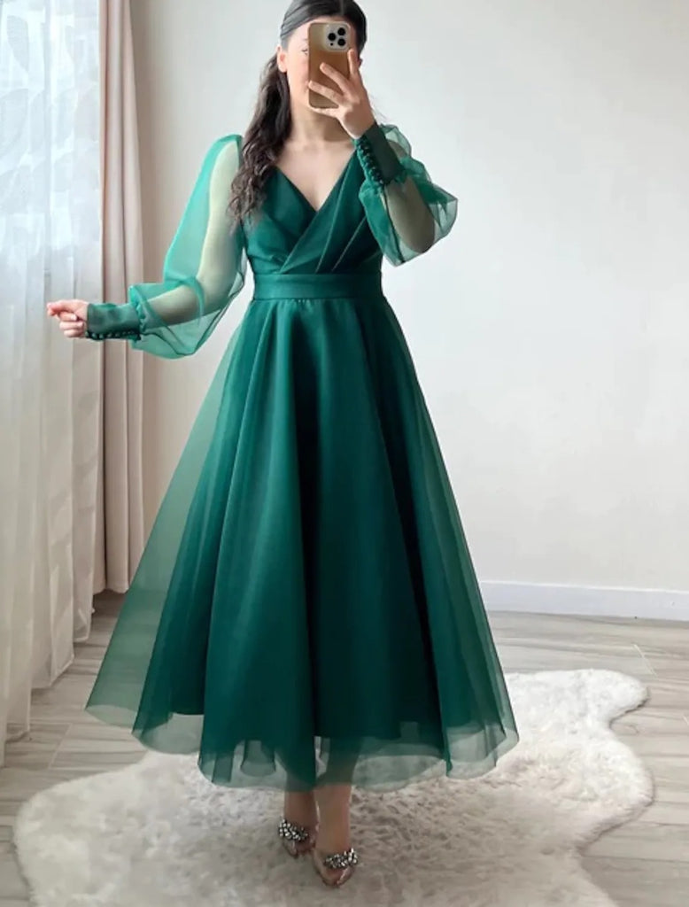 Dark Green Prom Dresses V-Neck Puffy Sleeves A-Line