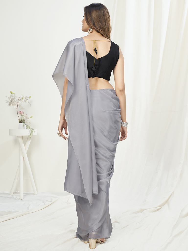 Fancy Grey Ready to Wear One Minute Saree In Satin Silk