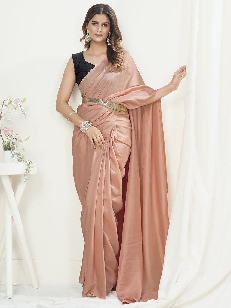 Flamingo Pink Ready to Wear One Minute Saree In Satin Silk