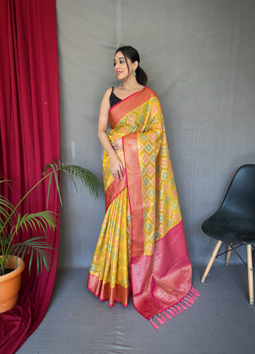 Yellow Saree in Cotton Leheriya