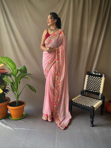 Pastel Pink Pre-Stitched Blended Silk Saree - Clothsvilla