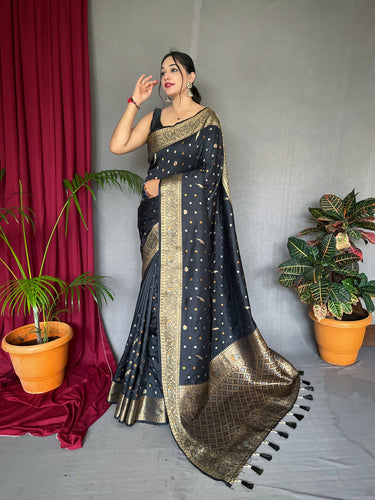 Skinny Black Soft Banarasi Silk Saree With Beauteous Blouse Piece –  LajreeDesigner