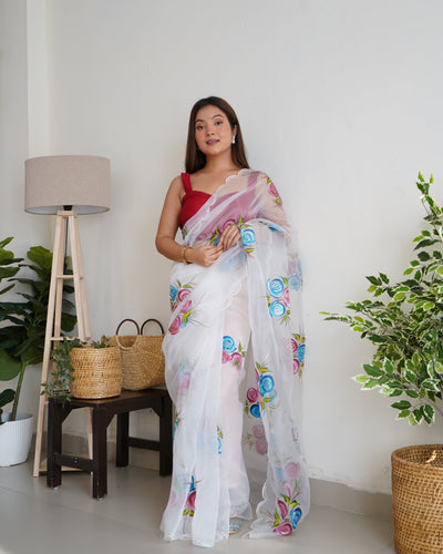 Black Saree in Organza Hand Painted Floral - Clothsvilla