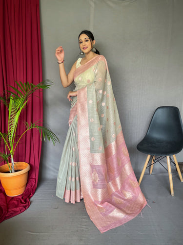 Pink Handloom Woven Cotton Silk Saree With Separate Grey Blouse Piece for  Women