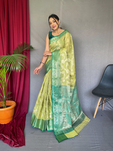 Saree Mall Yellow & Green Silk Embellished Saree With Unstitched Blouse