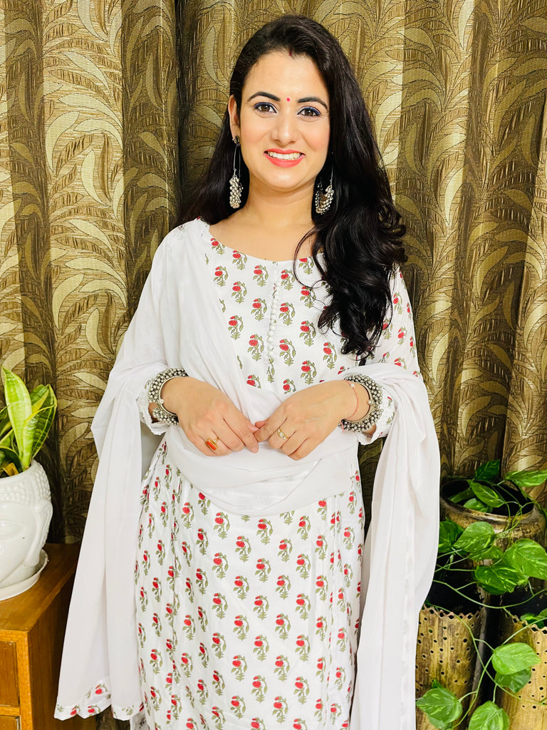 White Cotton Printed suit with attractive Lace Border-Cloths