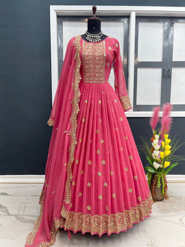 Stylish Dark Pink Color Thread Sequence Work Gown - Clothsvi