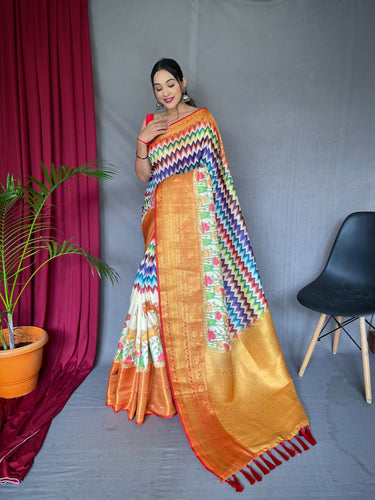 Soft Banarasi Silk Kalamkari Flower Print Saree dvz0003092 - Dvanza.com