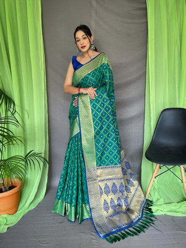 Green with Blue Saree in Patola Silk for women - Clothsvilla