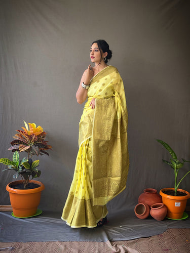 Yellow woven silk saree with blouse - Jaanvi Fashion - 3772120