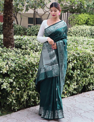 Bottle Green Saree in Soft Silk - Clothsvilla