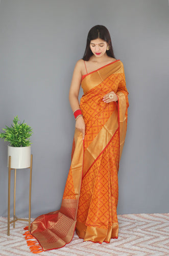 Orange Yellow Saree in Organza Leheriya - Clothsvilla