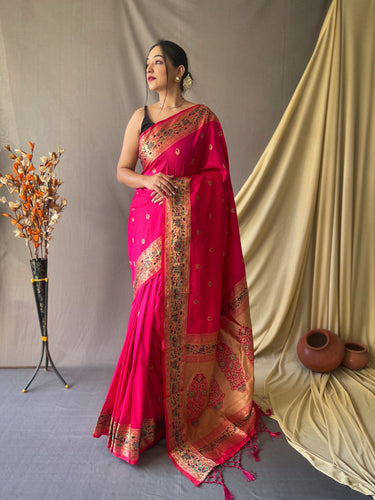 Dazzling Pink Color Heavy Border Vichitra Silk Wedding Saree