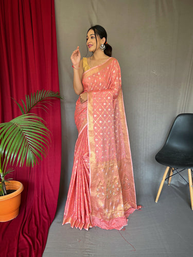 Hand Painted Organza Saree Rose Pink Colour with touch of gold print in  vibrant Indian colours and matching running Blouse-Indiehaat – Indiehaat.com