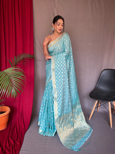 Sky Blue Printed and Embroidered Cotton Saree by Aarong