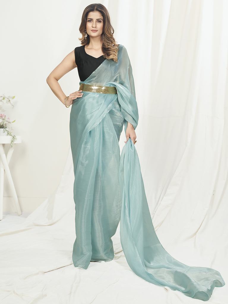 Ice Blue Ready to Wear One Minute Saree In Satin Silk